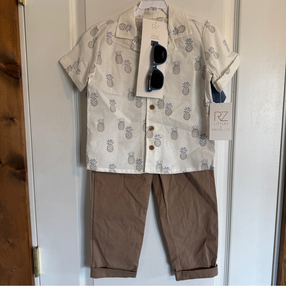 😎Rachel Zoe Adorable Pineapple Print Collared Shirt, Pants and Tee Set